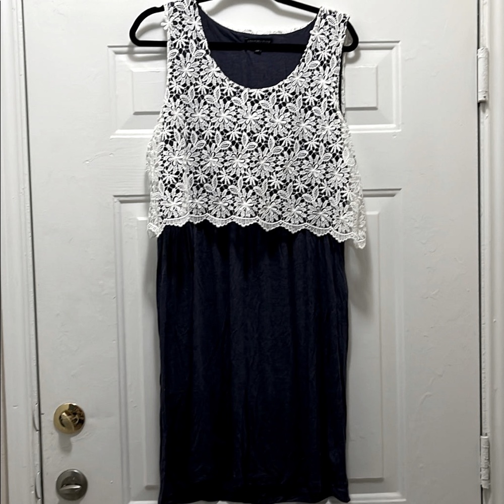 Navy Dress with White Floral Lace Overlay